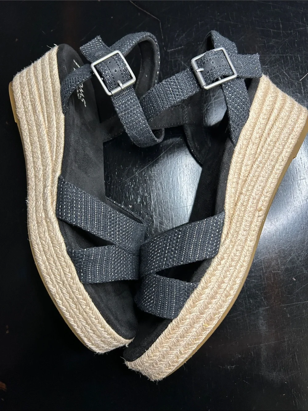 TOMS Black Espadrille platform Wedge Sandals with Metallic Stitching
